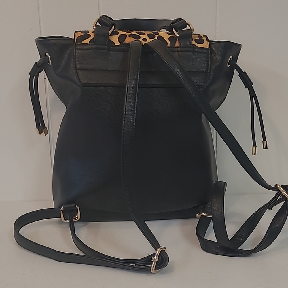Dune London Calf Hair Leopard Flap / Black Leather Backpack Adjustable Straps - Picture 3 of 13